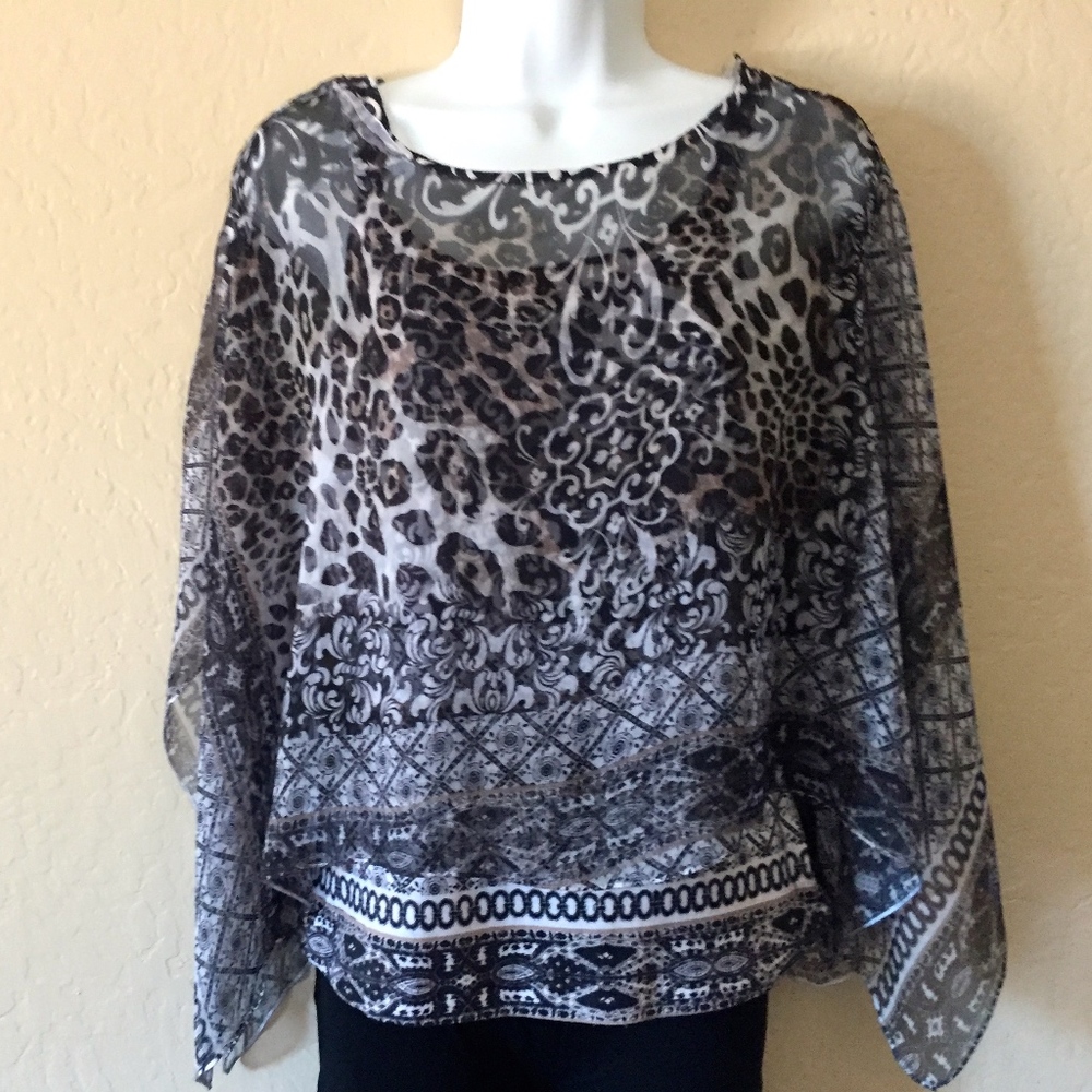 Layered Printed Sheer Poncho Overlay Cami
